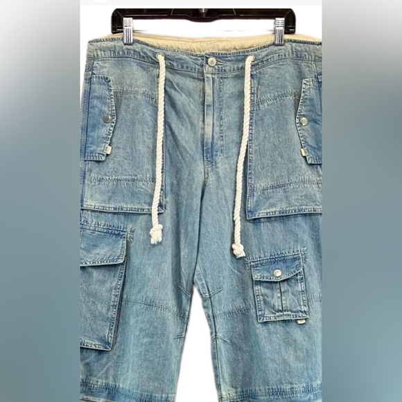 FREE PEOPLEπ Sz L Jeans South Bay Utility Cargo Blue Tie Cinch Waist, NWOT - Picture 2 of 8